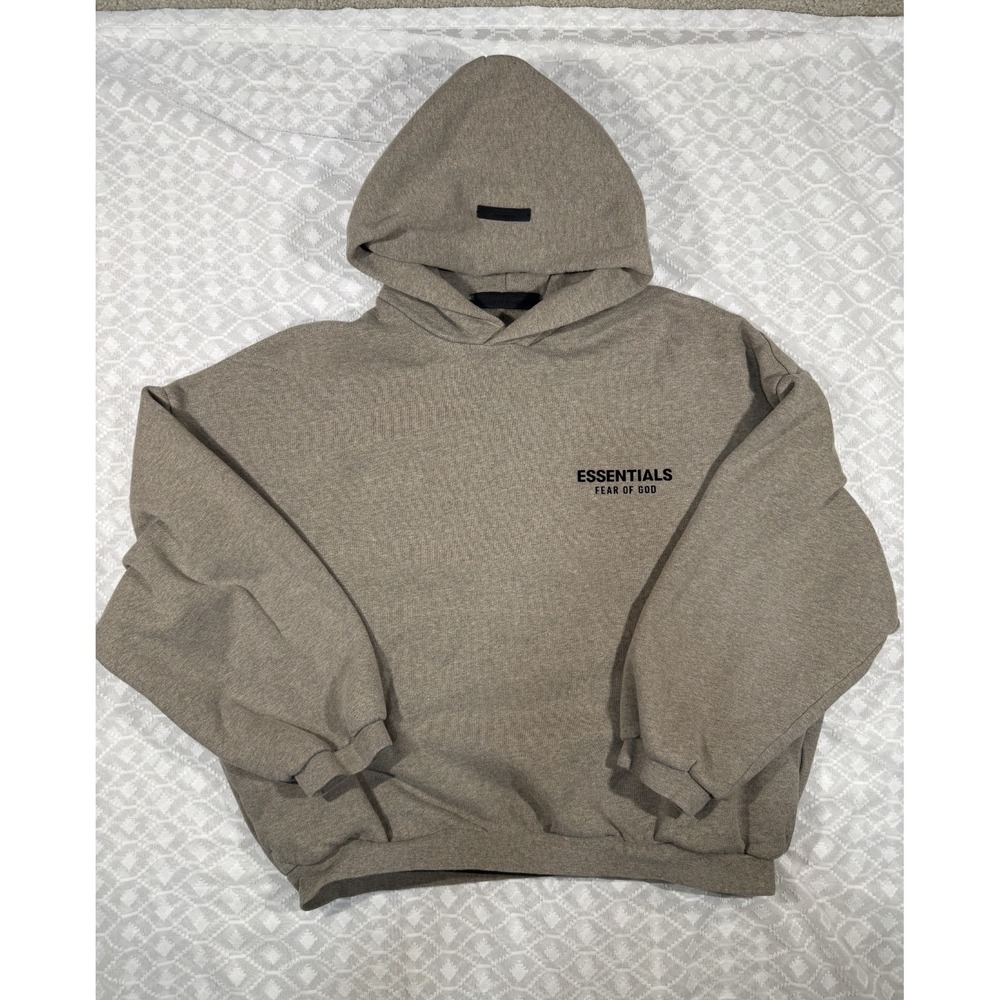Essentials Fear of God Hoodie Pullover Tan Flocked Logo Large